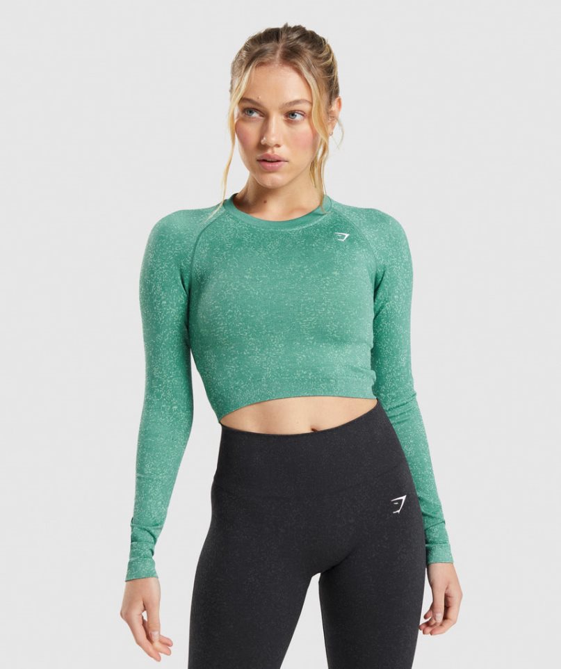 Women\'s Gymshark Adapt Fleck Seamless Long Sleeve Cropped Tops Green | CA D58A30